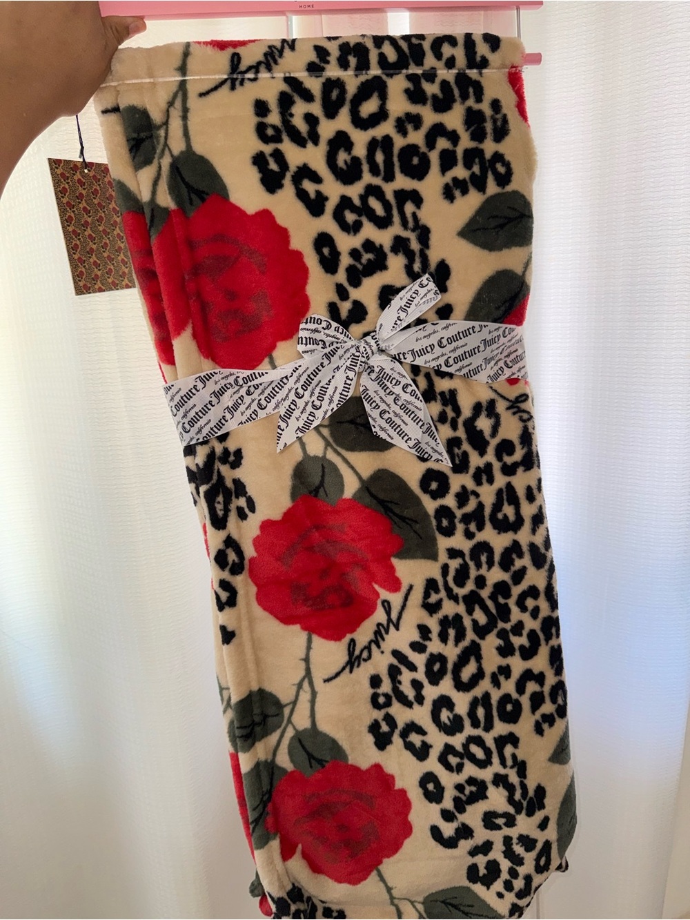 Juicy Couture Pink Branded Plush Throw Packaging with Leopard Accent